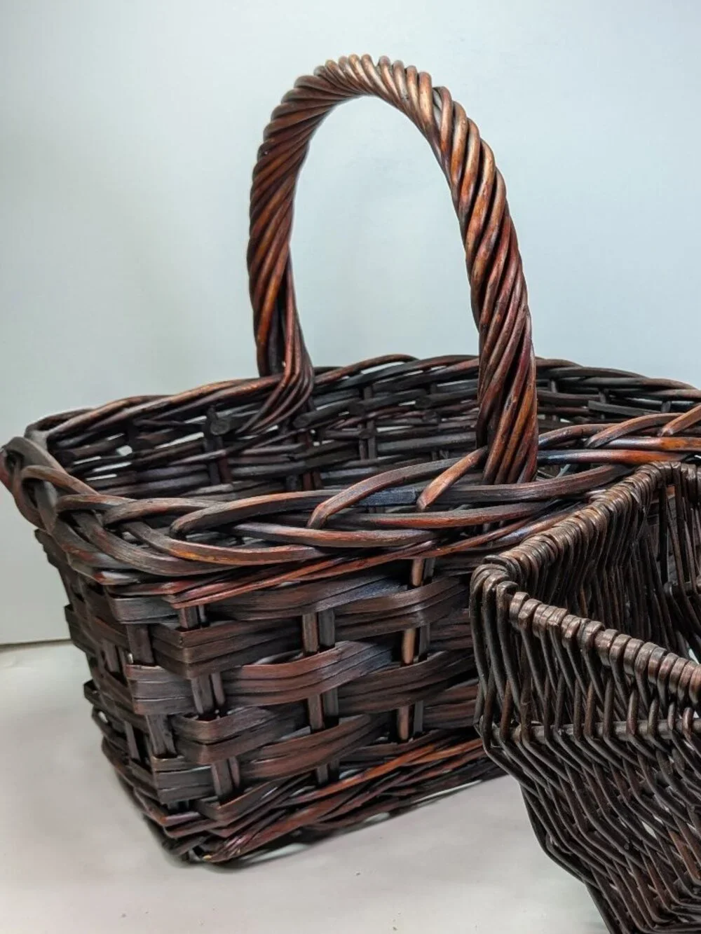 VTG Dark Espresso Wicker Basket Set of 2 High Twisted Handle Gathering Basket